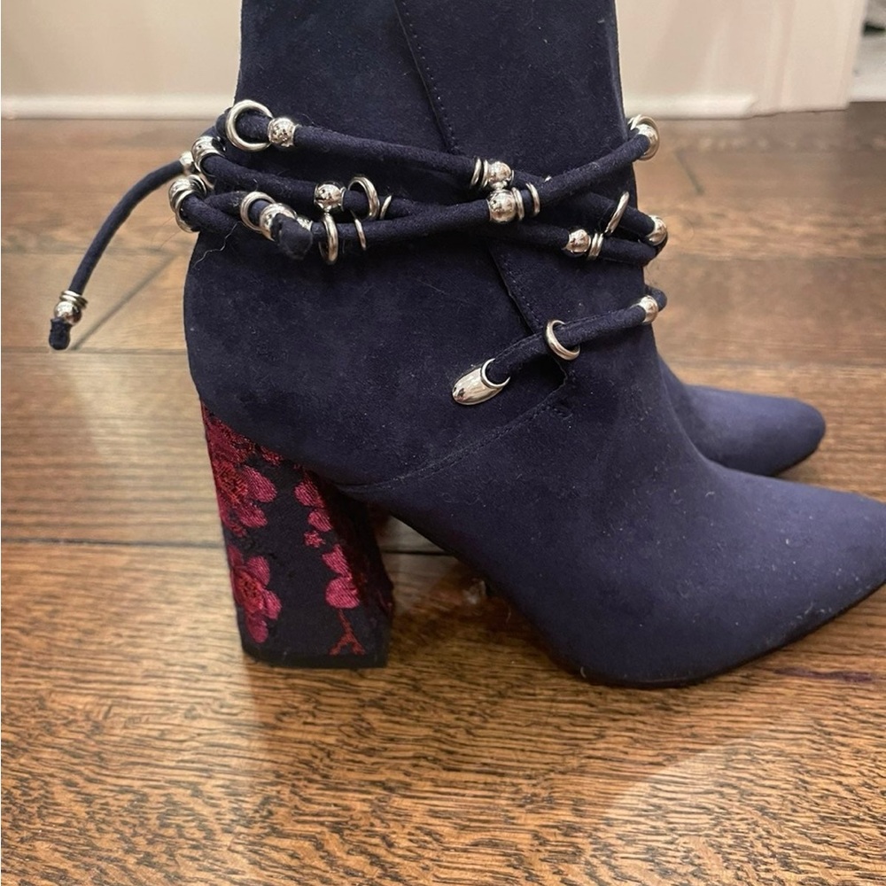 Navy Suede Heeled Ankle Boots with Embroidered Block Heel